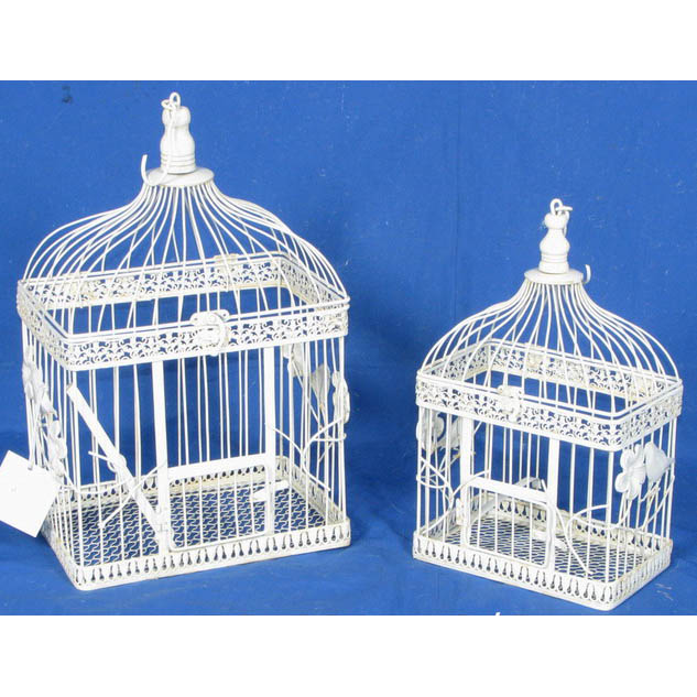 S/2 white rectangular metal birdcage with flowers decor 