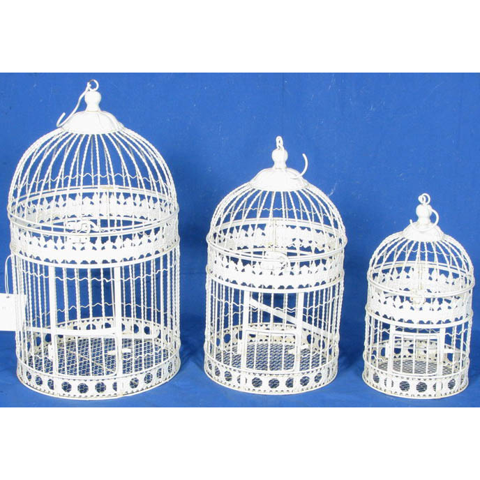 S/3 white round metal birdcage