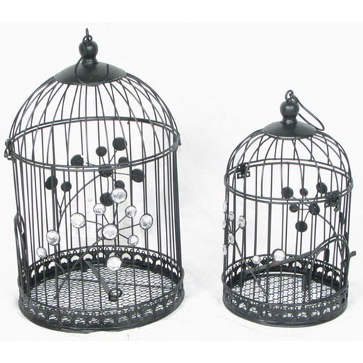 S/2 black round metal birdcage with bead decor 
