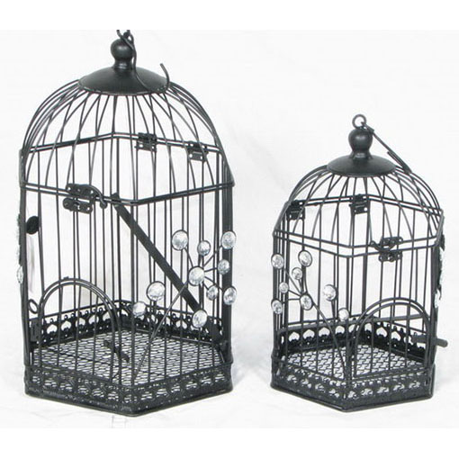 S/2 black hexagon metal birdcage with bead decor 